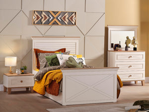 New Atlas Genç Odası Takımı – modern tasarımlı karyola, komodin ve şifonyer içeren açık tonlu genç odası dekorasyonu.