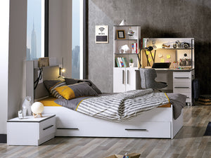 Infinity Genç Odası Takımı – USB portlu karyola, çalışma masası ve köşe kitaplık ile modern genç odası tasarımı.