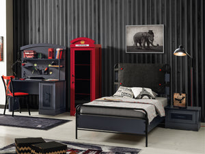 London Genç Odası Takımı – kırmızı telefon kulübesi kitaplık ve metal detaylı karyoladan oluşan tematik genç odası dekorasyonu.